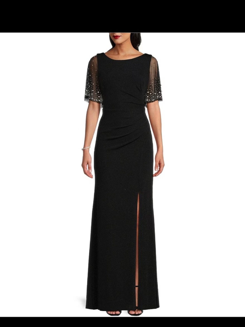 Formal black dress with sheer pearl 3/4 sleeves